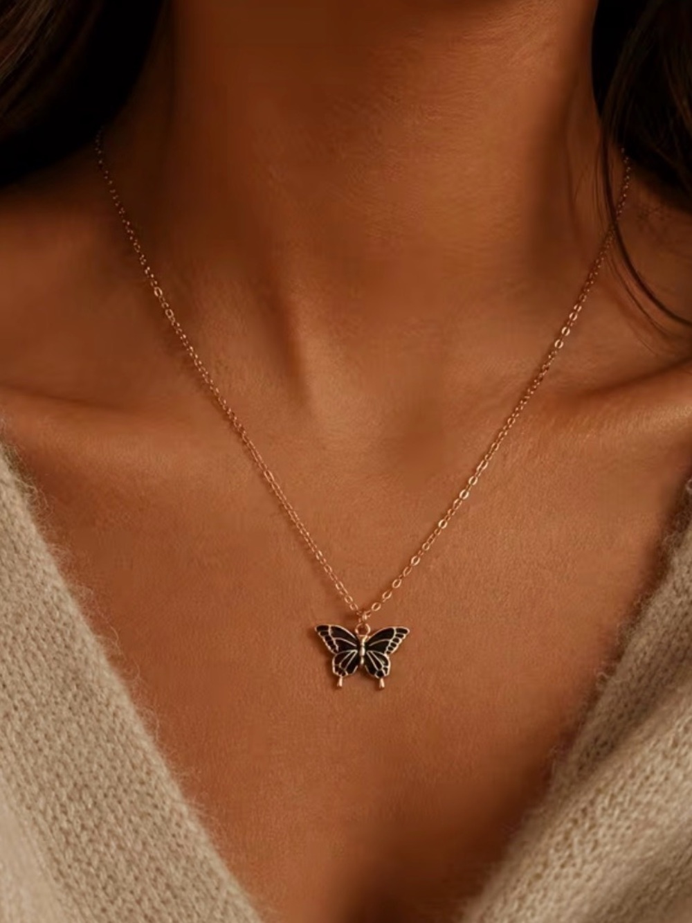 Gold Butterfly Necklace with Black Enamel Charm